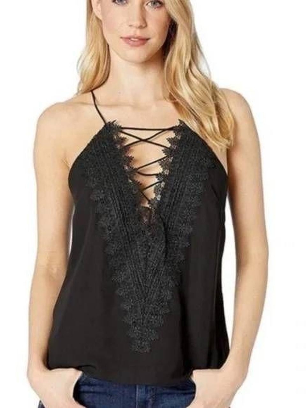 Wayf Black Lace Trim Crisscross V-Neck Camisole